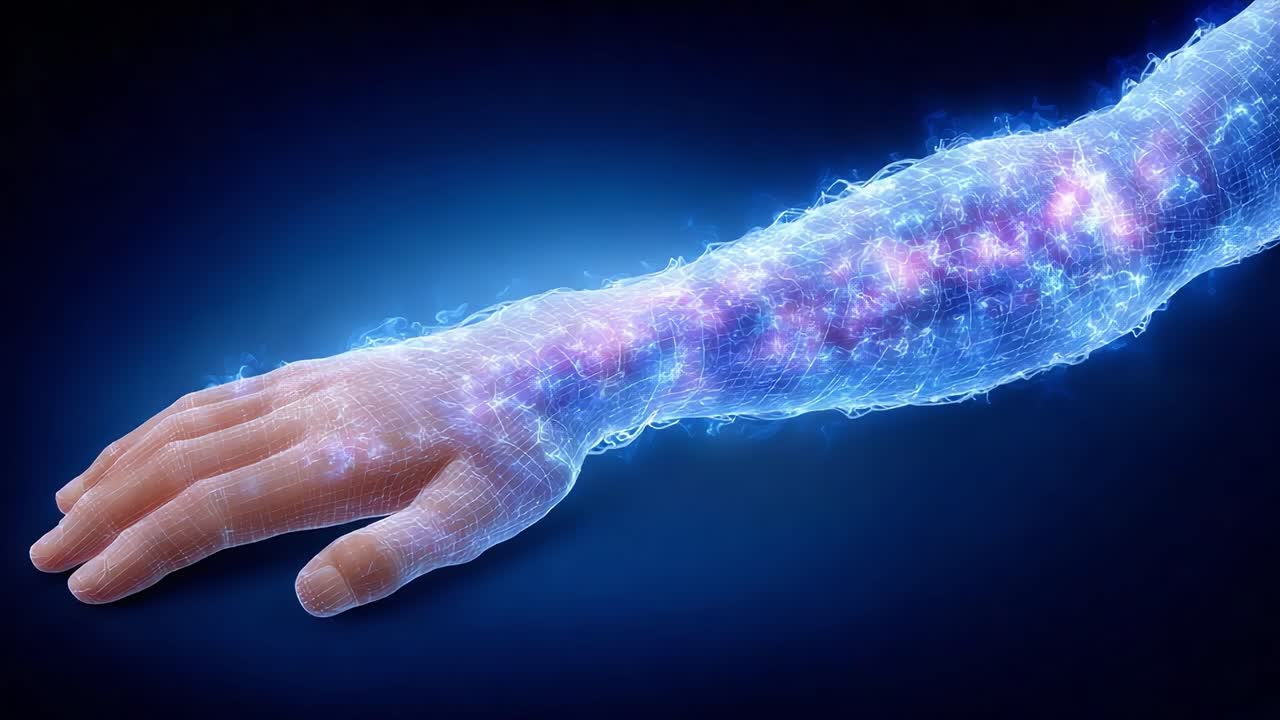 A futuristic depiction of a human arm illuminated with glowing energy patterns, representing a blend of technology and biology in a high-tech setting