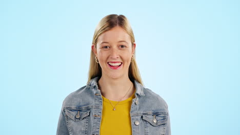 Face,-wave-hand-and-excited-woman-in-studio