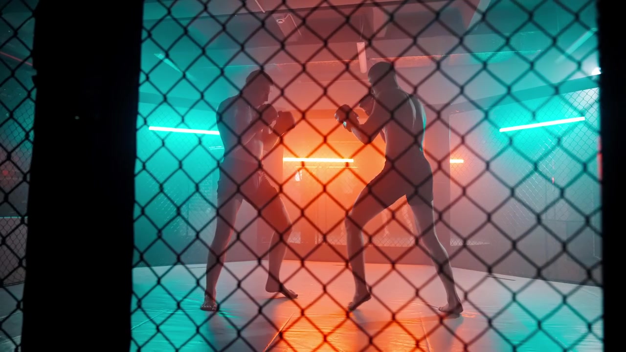 Due lottatori che fanno sparring in una drammatica gabbia illuminata al neon