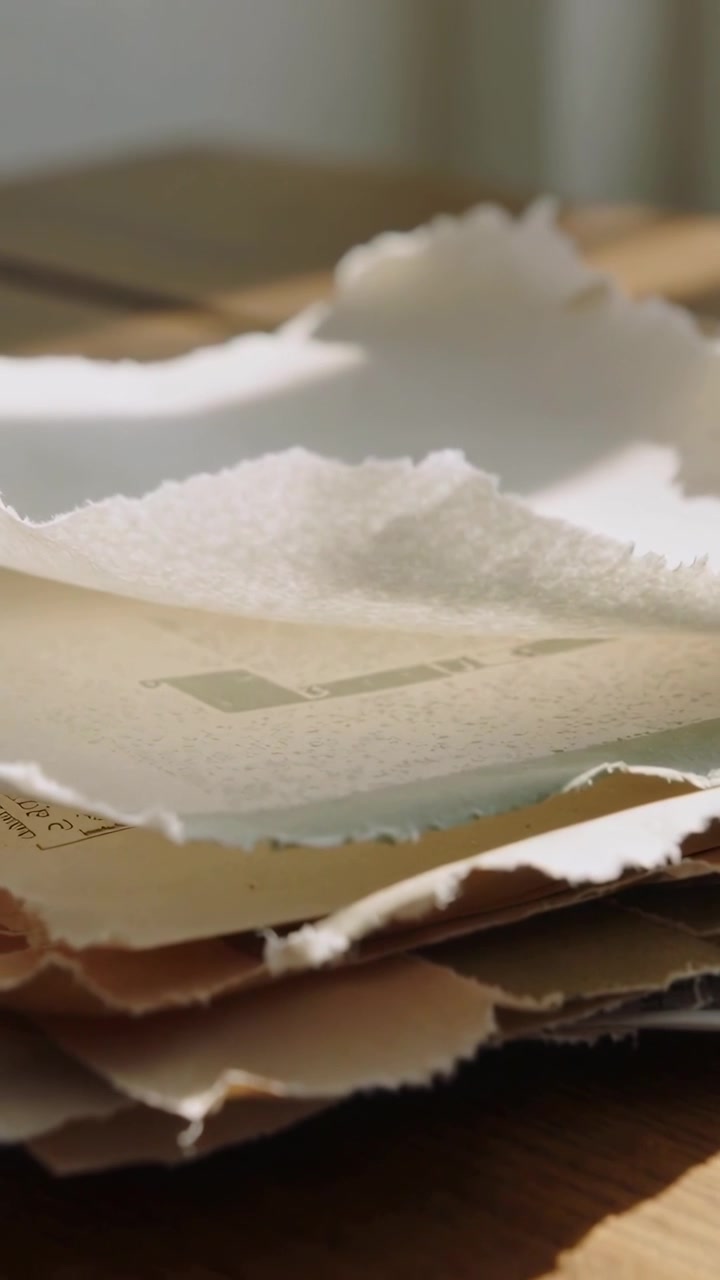 Vertical video: Shifting light bathing paper stack on tabletop revealing torn edges and texture