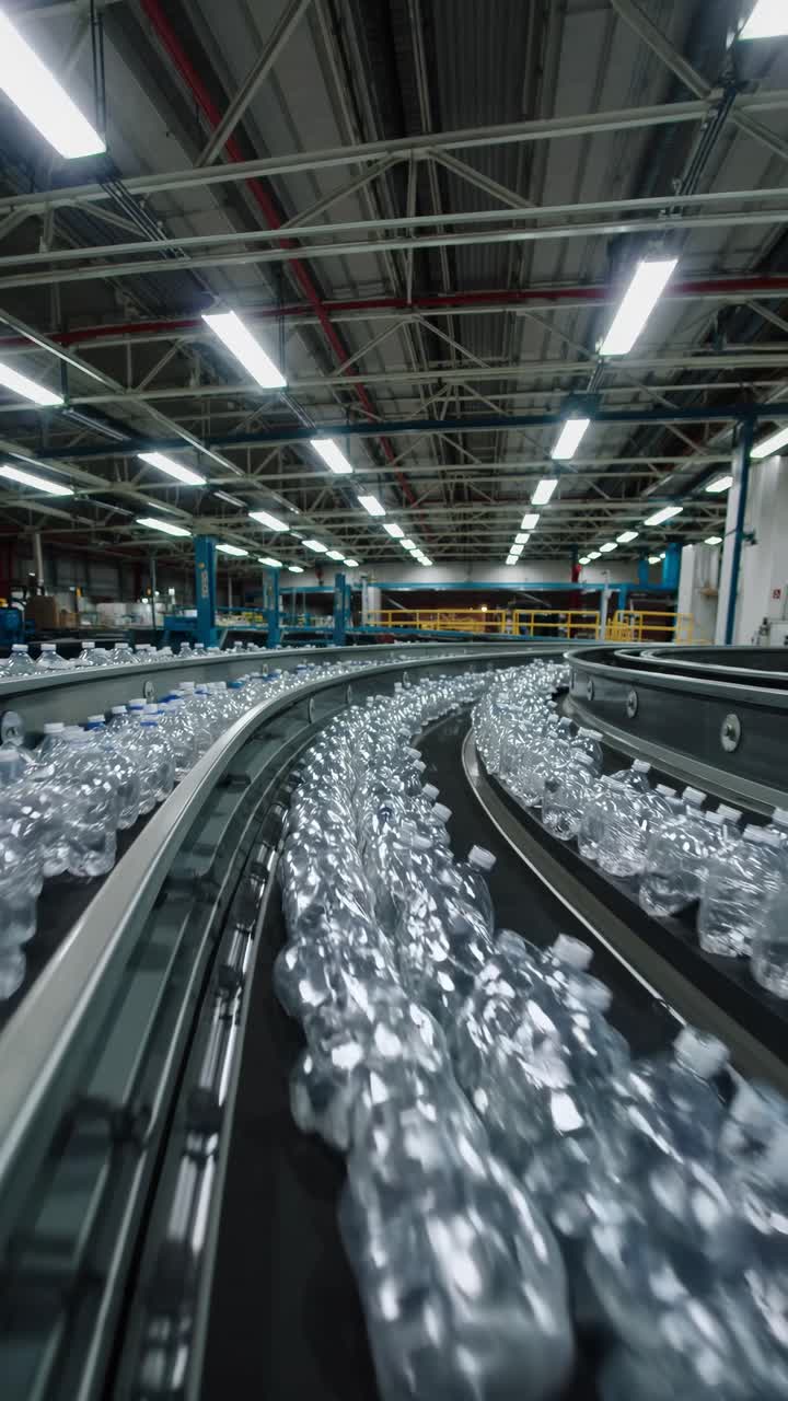 Clear Plastic Bottles Moving on a Conveyor Belt in a Factory