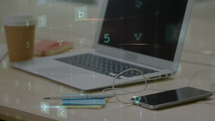 Animation of changing tellers, malware, warning and virus over laptop and smartphone on desk
