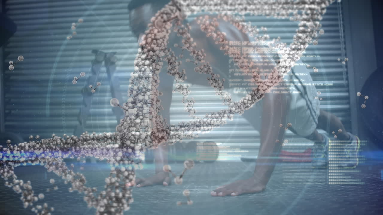 체육관에서 운동하는 강한 남자 위의 dna 가닥의 애니메이션
