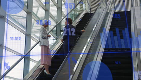 animation of data processing against diverse man and woman discussing on escalator at office