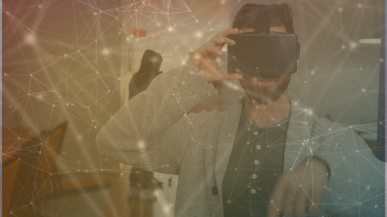 Animation of connecting dots over caucasian businessman using virtual reality simulator in office