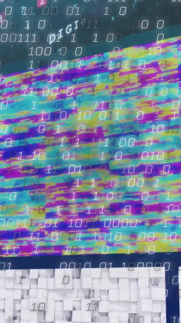 Overlejret binær kode, farverige digitale mønstre der skaber animation på abstrakt baggrund