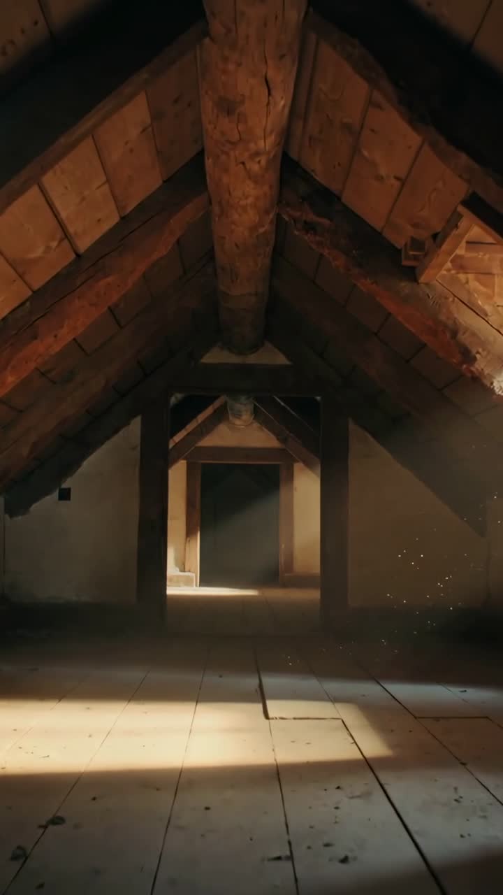 Video verticale: Soffitta di casa che mostra pulviscolo e la trave di colmo, mentre un'apertura incorniciata fa entrare la luce.