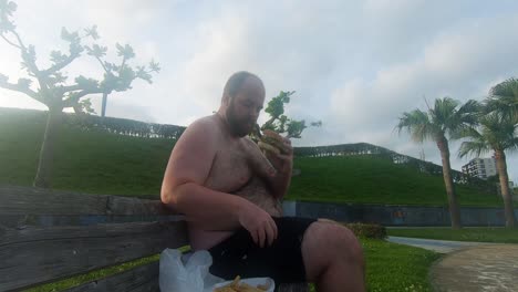 obese man eating a greasy burger while exposing his fat, ugly stomach sitting on public park bench