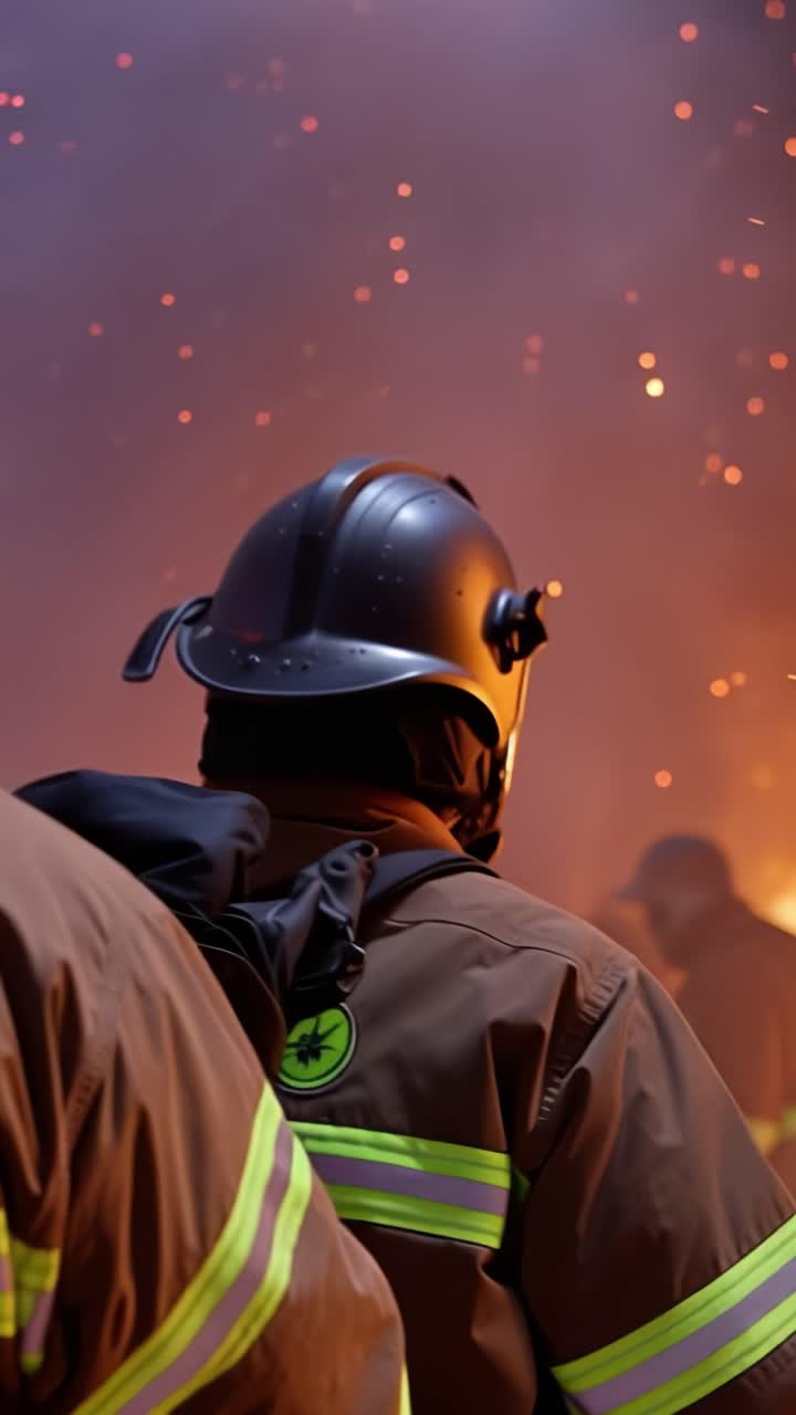 Brave firefighter stands against a backdrop of flames and smoke, showcasing their resilience and commitment in a dangerous environment filled with sparks and heat