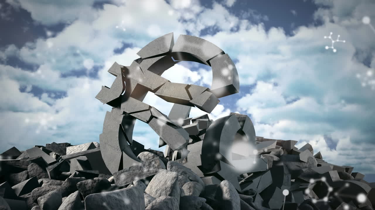 파란 하늘의 구름에 맞춰 부서진 유로 화폐 기호 위에 떠다니는 분자 구조