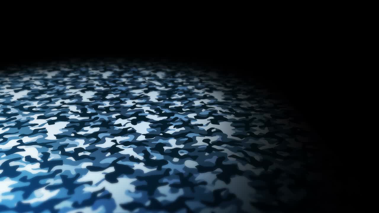 Blue camouflage pattern background. Military uniform concept. Abstract line and wave texture. Loop animation.