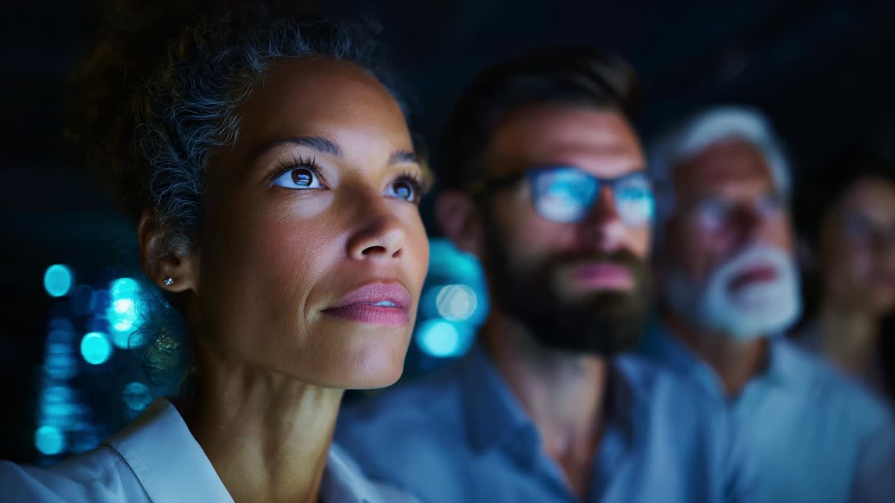 A Focused Group of Professionals Engaged in a Captivating Discussion, displaying Expressions of Wonder and Curiosity as They Absorb New Ideas in a Dimly Lit Environment with a Background of Soft Blue Lights