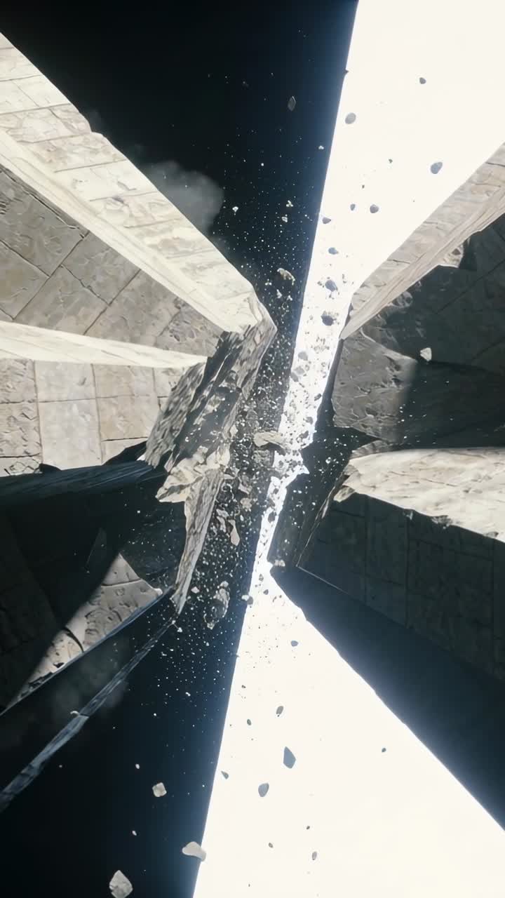 Vertical video: Fragments loosening from seam falling down narrow shaft, raising dust plume