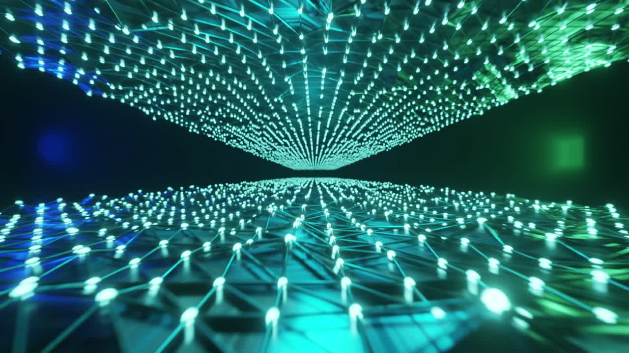 Animation of glowing green and blue mesh of light trails moving on black background