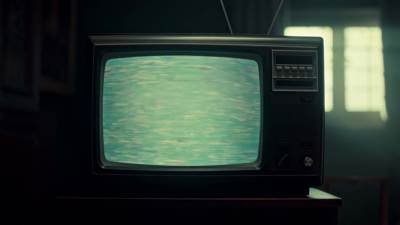 Televisore CRT retrò poggia su un tavolo di legno in un interno fioco, lo schermo scorre attraverso statica, bande di glitch, sbavature di colore, mosaici a blocchi e rumore denso accanto a una finestra luminosa retroilluminata.