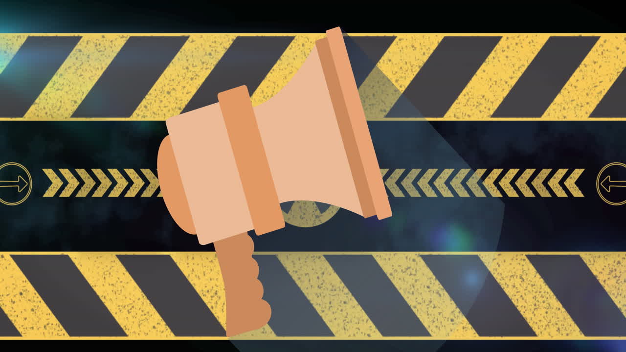 Animation of megaphone icon over yellow stripes on black backrgound