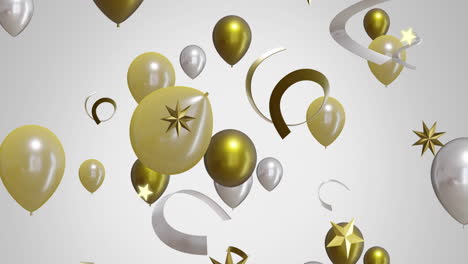 animation of gold and silver balloons with stars on white background