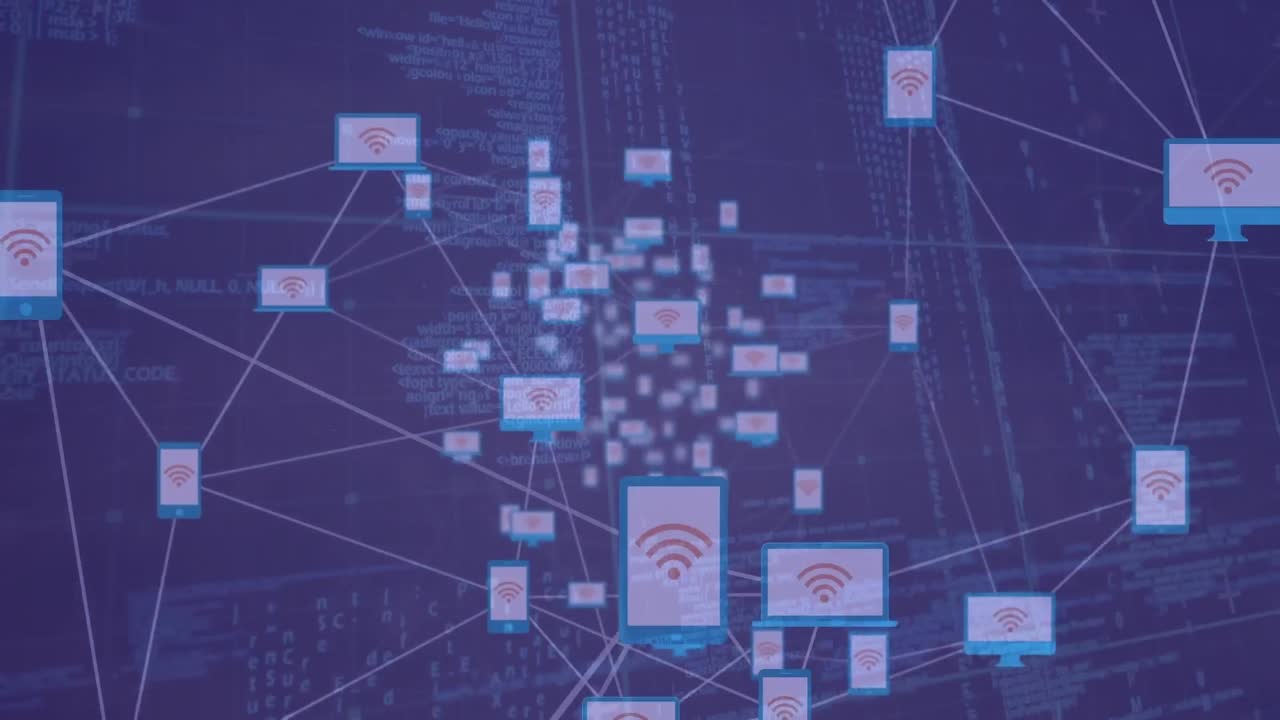 animacja sieci połączeń z ikonami i przetwarzaniem danych na czarnym tle