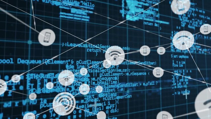 Network of connections and data processing animation over blue grid background