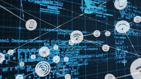 network of connections and data processing animation over blue grid background