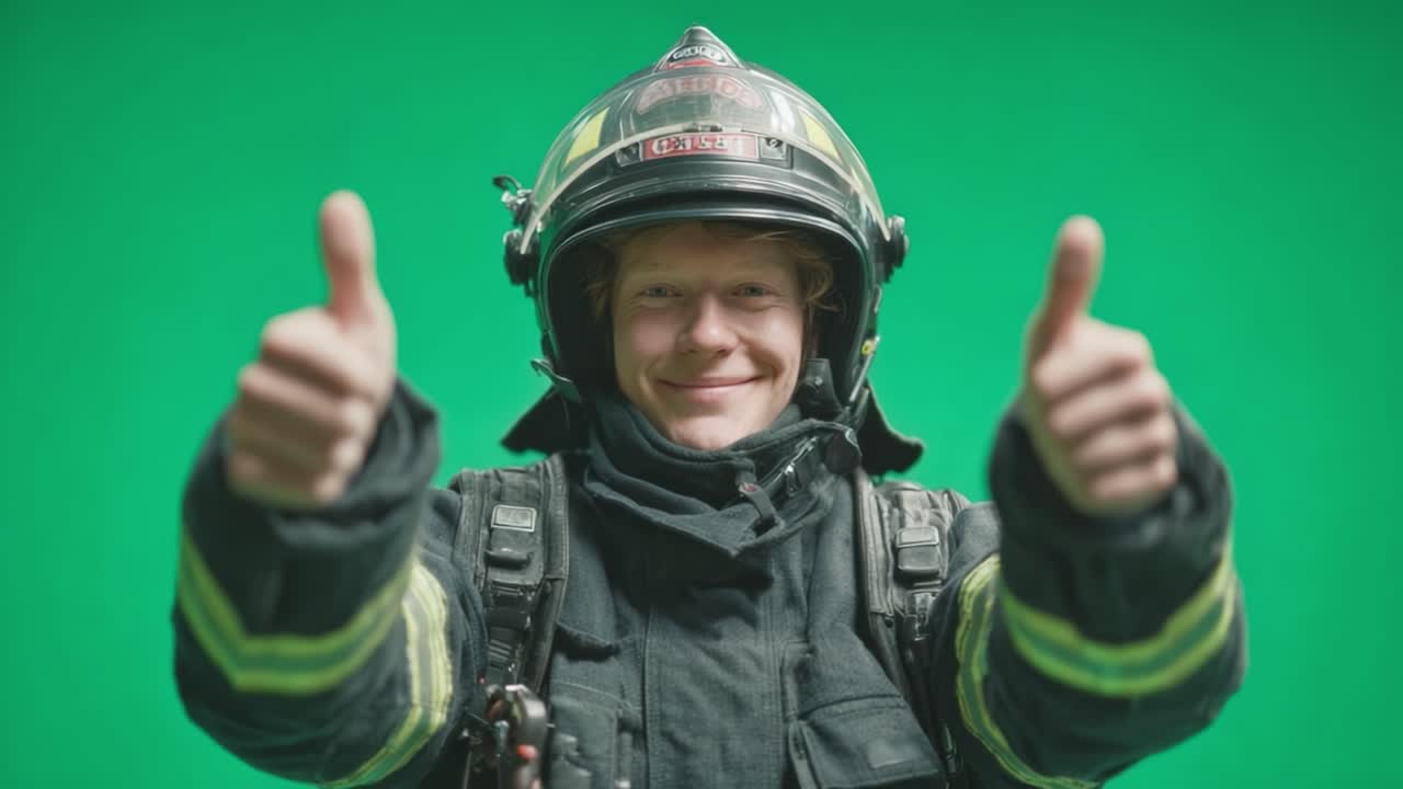 A confident firefighter in full gear gives a thumbs up in front of a green screen, showcasing readiness and positivity in the face of challenges