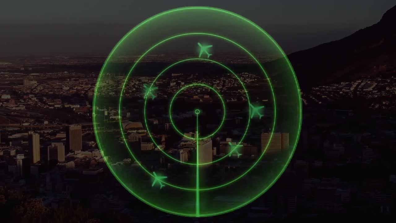 animación de radar con la ciudad en el fondo