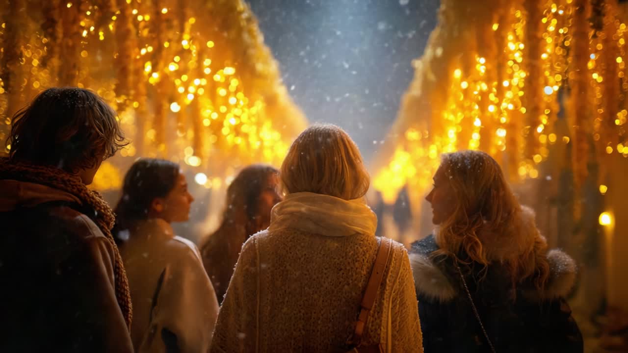 Un gruppo di amici che camminano insieme sotto una volta di luci dorate e vivaci durante una serata innevata, catturando il calore dell'amicizia e l'incanto di un'accogliente atmosfera invernale in un ambiente illuminato