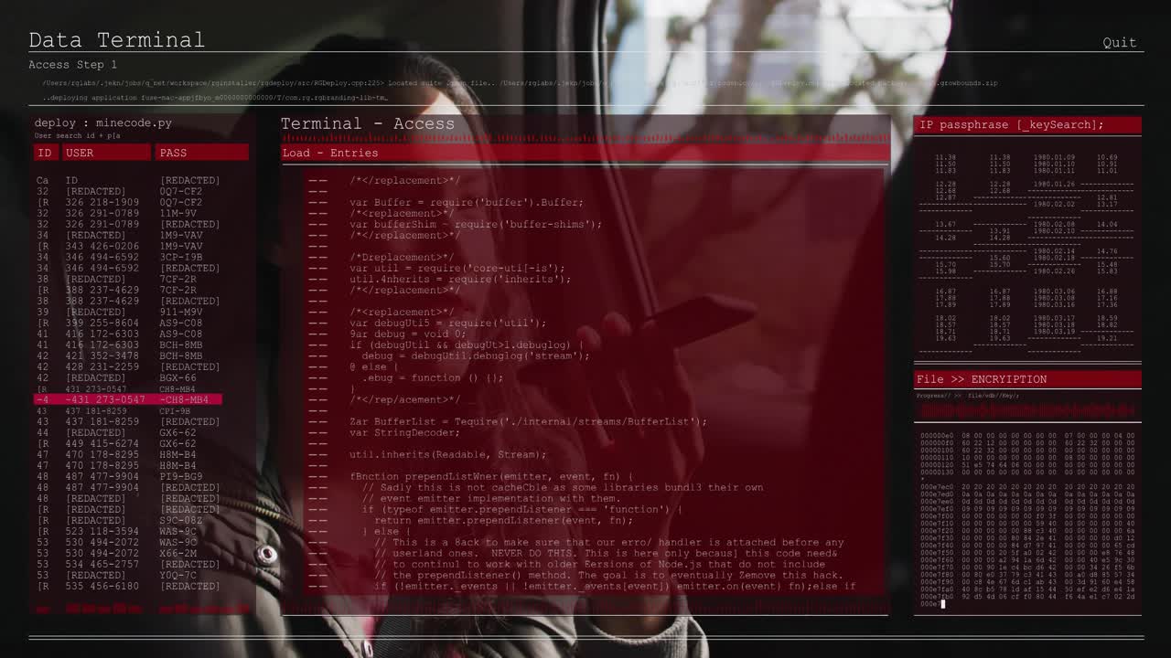 Rear passenger speaking into smartphone activating Data Terminal Step1 for red decryption overlay