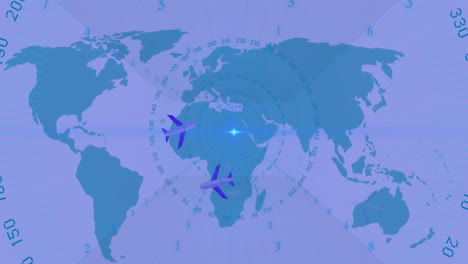 animation of numbers in circles and planes over world map