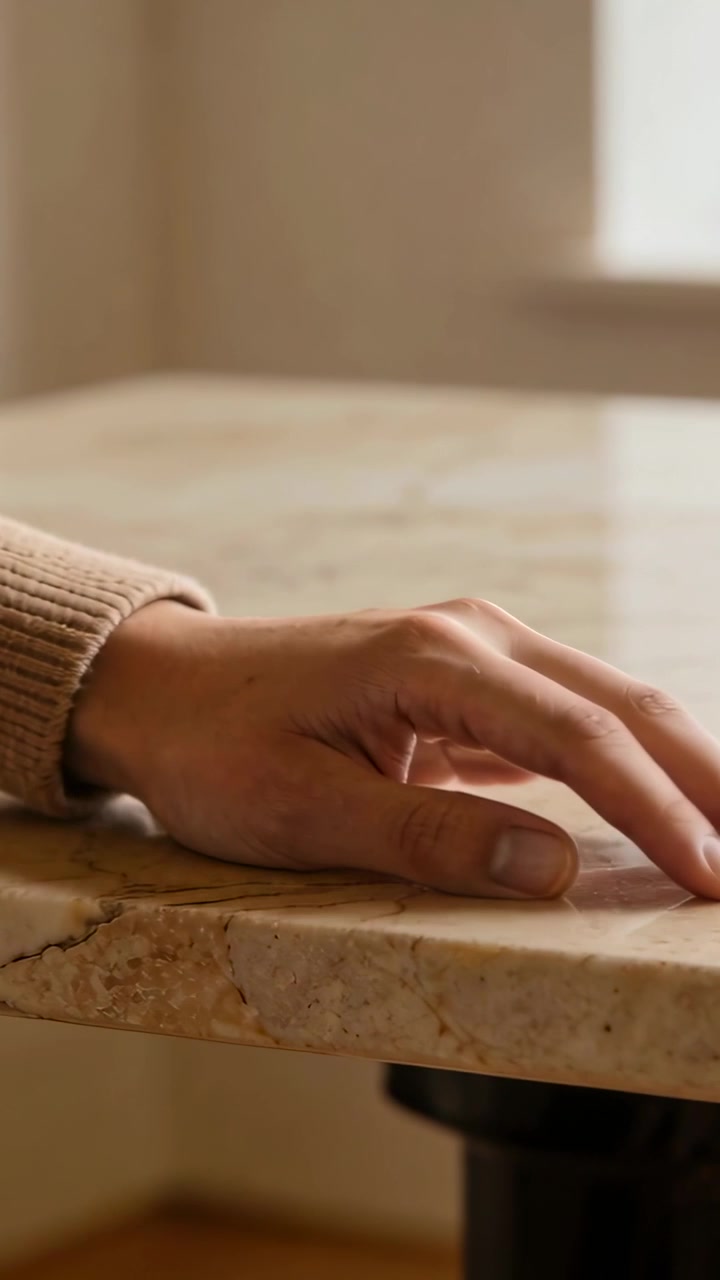 Vertical video: Moving right hand after small wrist shift on stone table beige cuff, copy space