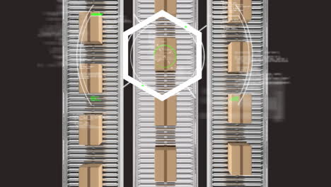 Animation of scope scanning over cardboard boxes moving on conveyor belts