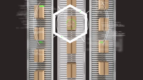 animation of scope scanning over cardboard boxes moving on conveyor belts