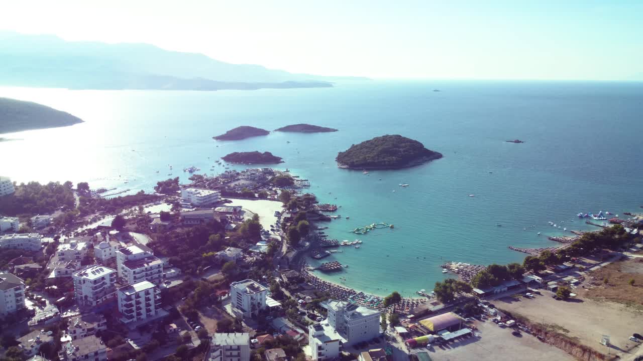 AERIAL Side Panning Shot of Ksamil and the Surrounding Islands, Albania