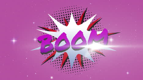 boom text on retro speech bubble against shining stars on purple background