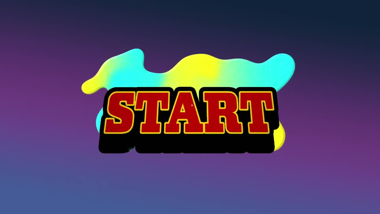 Animation of red text start, over explosion and yellow and blue blob, on purple background