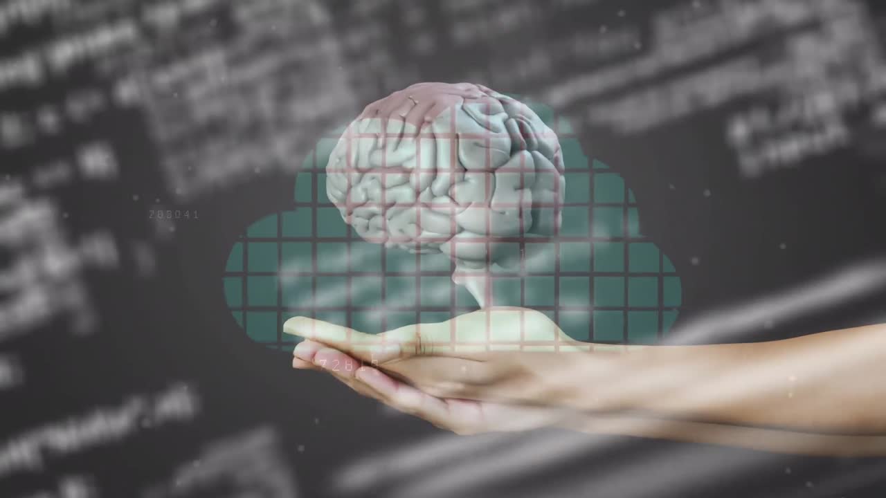 animación del procesamiento de datos y el cerebro humano en las manos sobre fondo oscuro