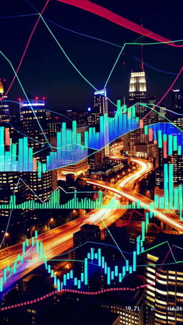 night city skyline with financial data overlay