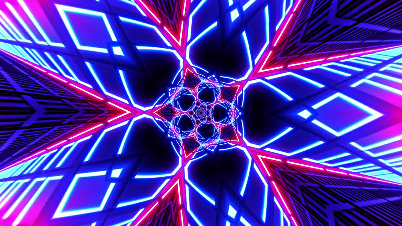 Abstract neon lights rotating seamless loop motion graphics animation background. 4K 3D render music fest neon lights concrete background. Infinite colorful rotating tunnel of shining neon lights.