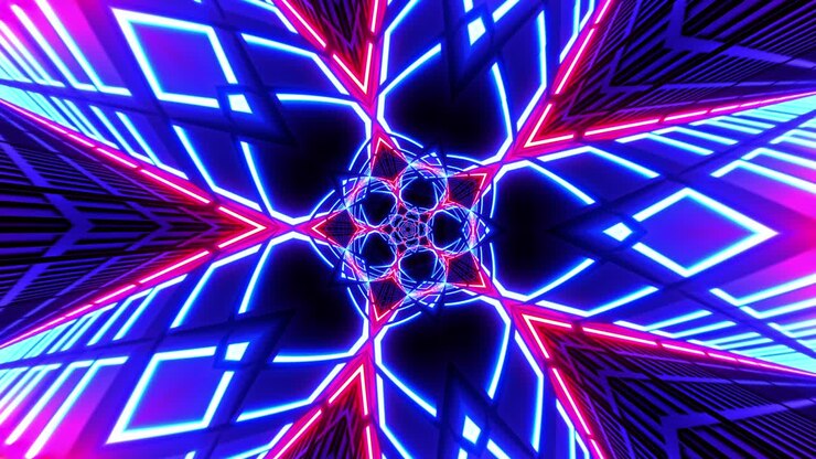 Abstract neon lights rotating seamless loop motion graphics animation background. 4K 3D render music fest neon lights concrete background. Infinite colorful rotating tunnel of shining neon lights.