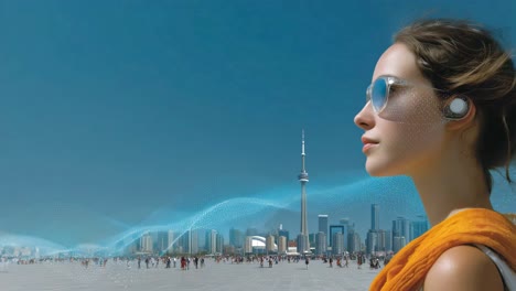 woman with face scan in toronto cityscape