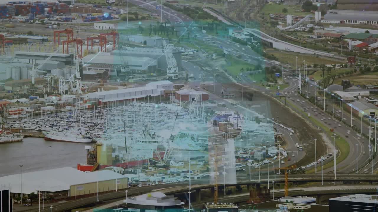 도시 풍경에 대한 연결 네트워크와 데이터 처리의 애니메이션