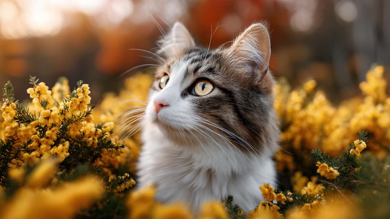 A Majestic Feline Gazing Thoughtfully Amidst Vibrant Yellow Flowers, Capturing the Essence of Nature's Beauty and Tranquility in a Serene Autumn Setting