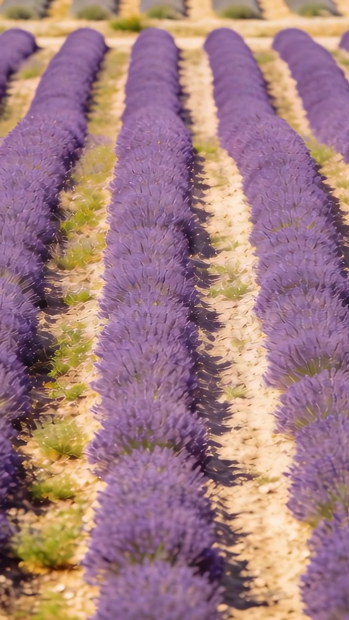 Video verticale: Telecamera che scorre lungo file parallele di lavanda in una fattoria, rivelando la texture del terreno
