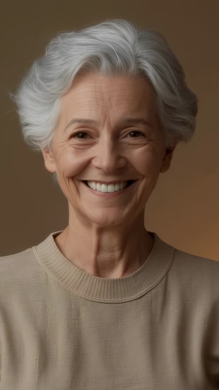 Vídeo vertical: Mujer mayor sonriente que termina de rezar abriendo los ojos en un estudio, con un suéter beige y pendientes