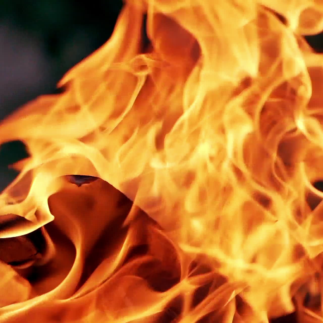 Bright orange flame on blurred background. Vivid flame of firewood burning outdoors. Close-up.