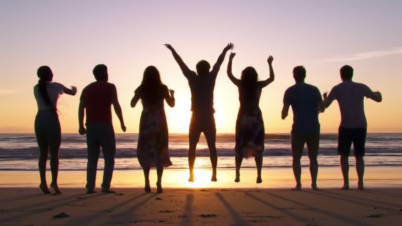 Joyful Moments at Sunset: A Group of Friends Jumps Together in Celebration on the Beach, Capturing the Spirit of Togetherness and Adventure Beneath a Beautiful Sky