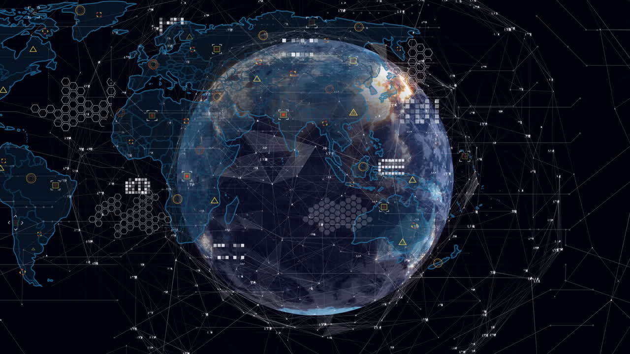 검은 바탕에 회전하는 지구상에서 데이터 처리 및 세계 지도의 애니메이션