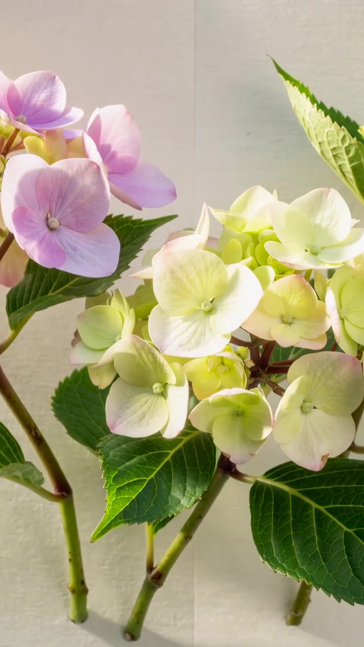 Vertical video: Shifting view moving cut hydrangea clusters closer against pale wall, showing veins