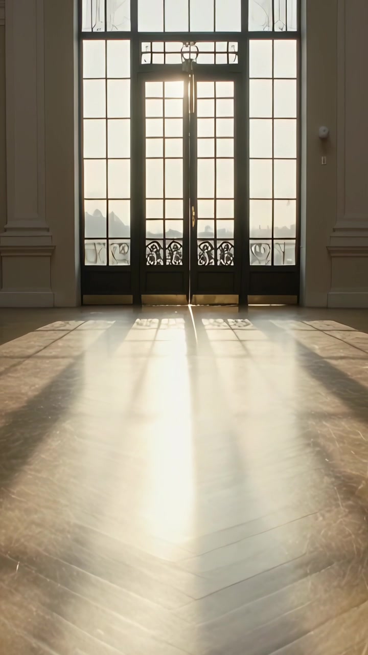 Video verticale: Telecamera scorrevole che rivela porte finestre nell'atrio, con la luce del sole che illumina il pavimento in parquet.