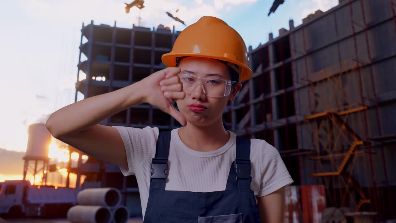 Close Up Of Asian Woman Worker Wearing Goggles And Safety Helmet Showing Thumbs Down Gesture To Camera While Standing At Construction Site